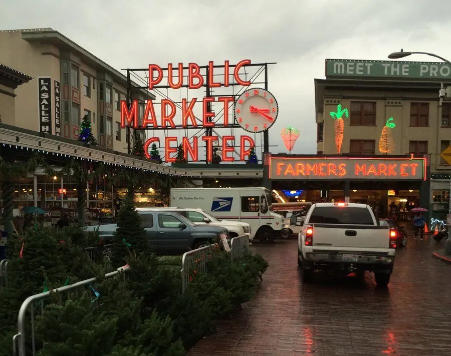 Christmas tree lot in front of pike place market, december 2015