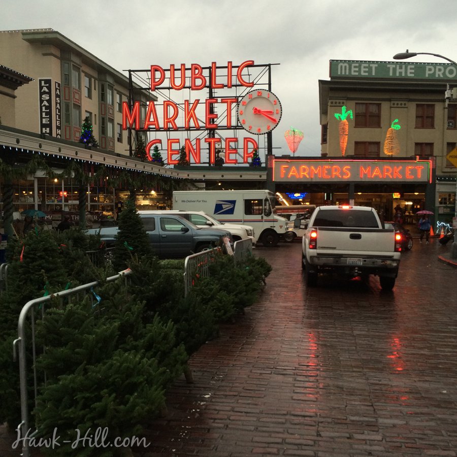 Christmas tree lot in front of pike place market, december 2015