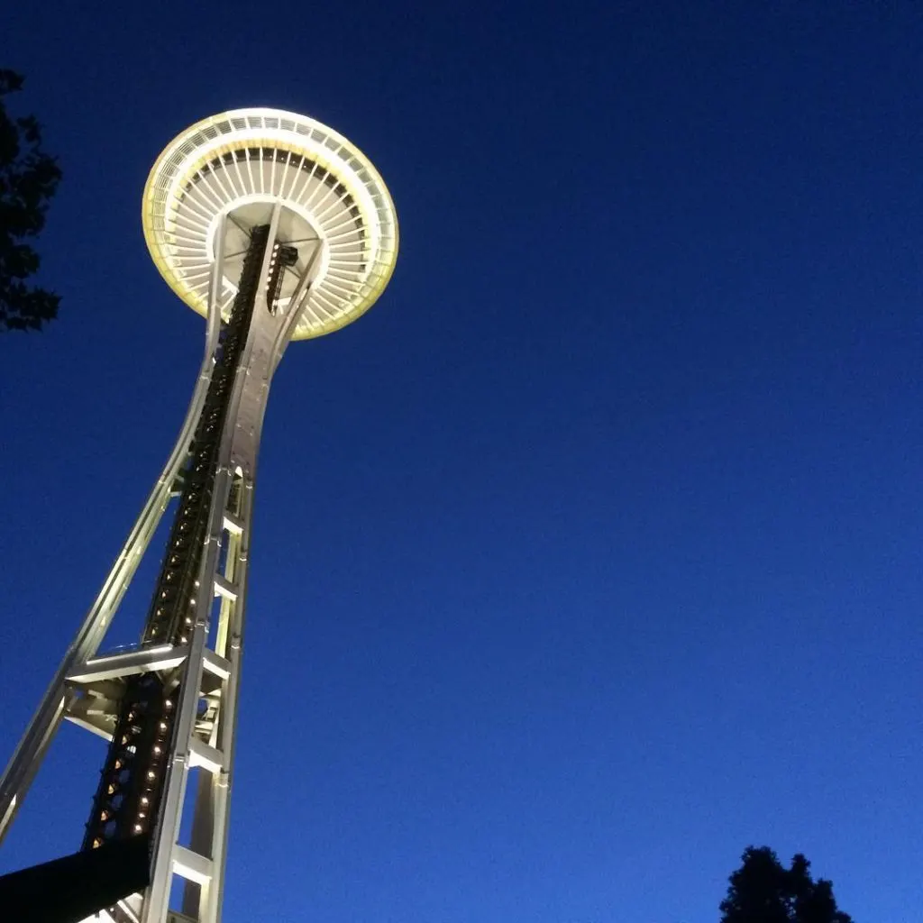 Image of the space needle at night from below.
