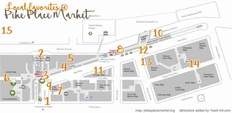 Pike place map with an overlay guide to hidden gems of the market