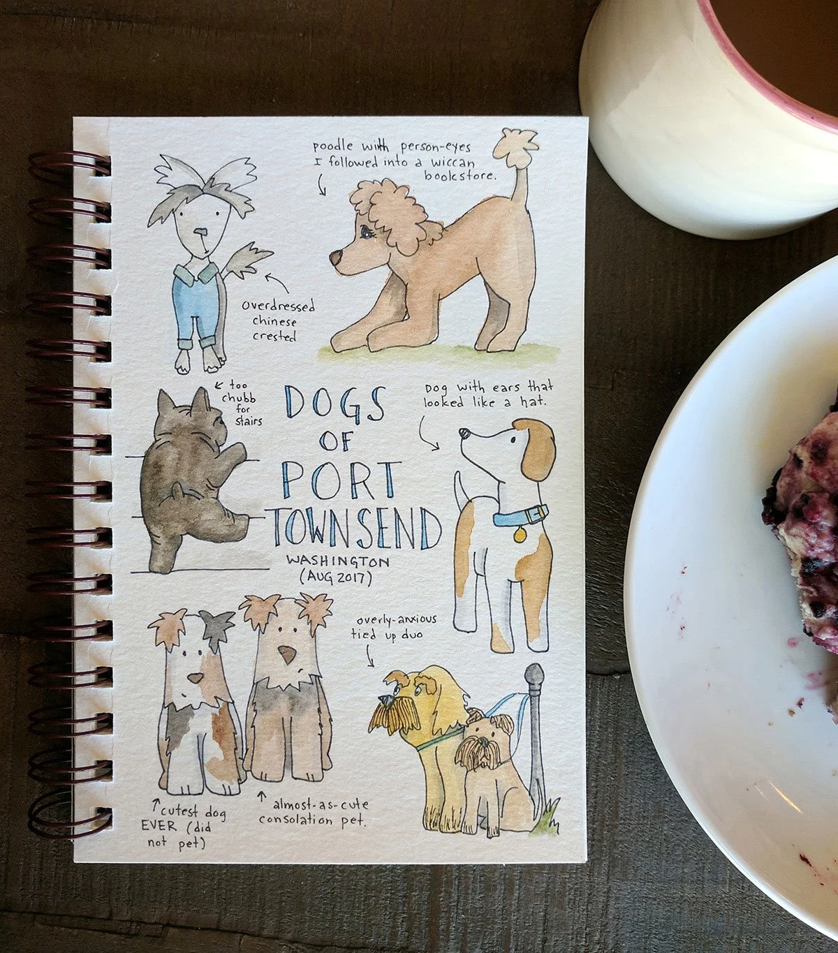 Doodle of dogs of port townsend from my travel journal