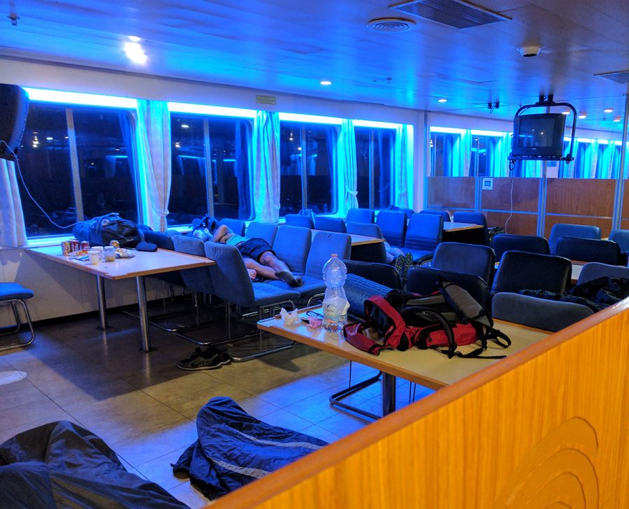 Apparently on overnight voyages, any surface is fair game as a bed.
