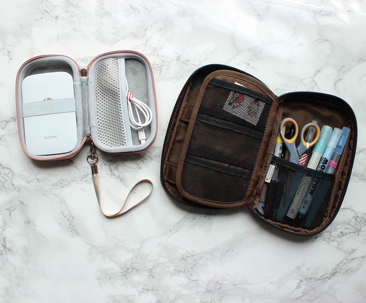 Travel office supplies packed into a pencil case.