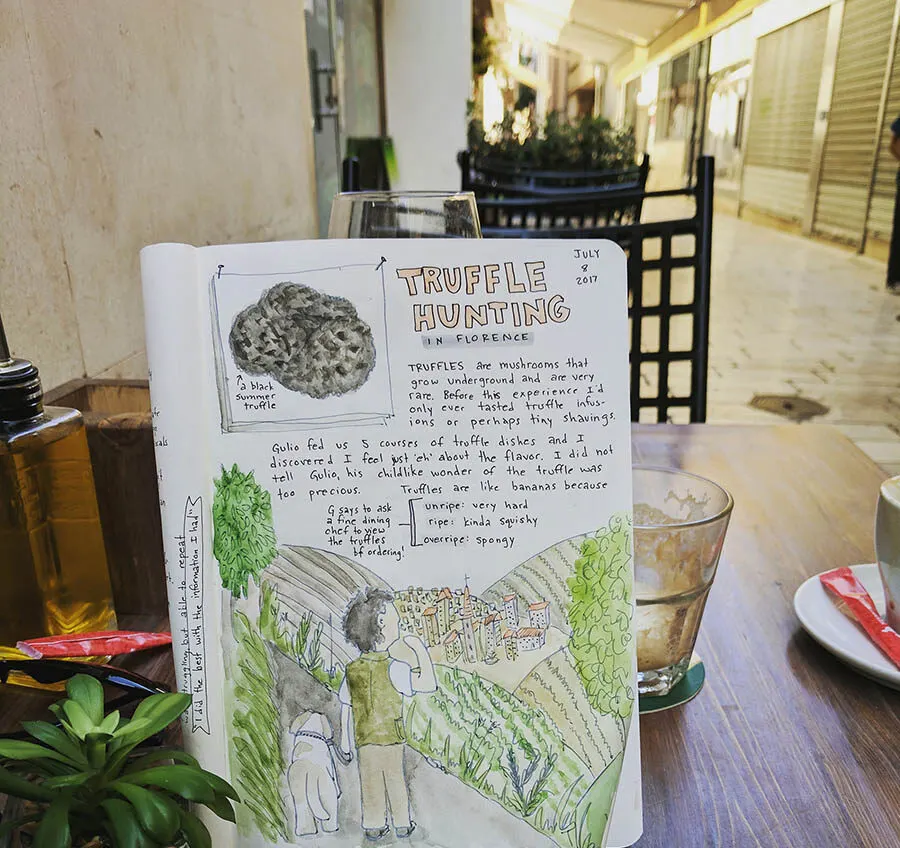 Truffle hunting travel art journal page