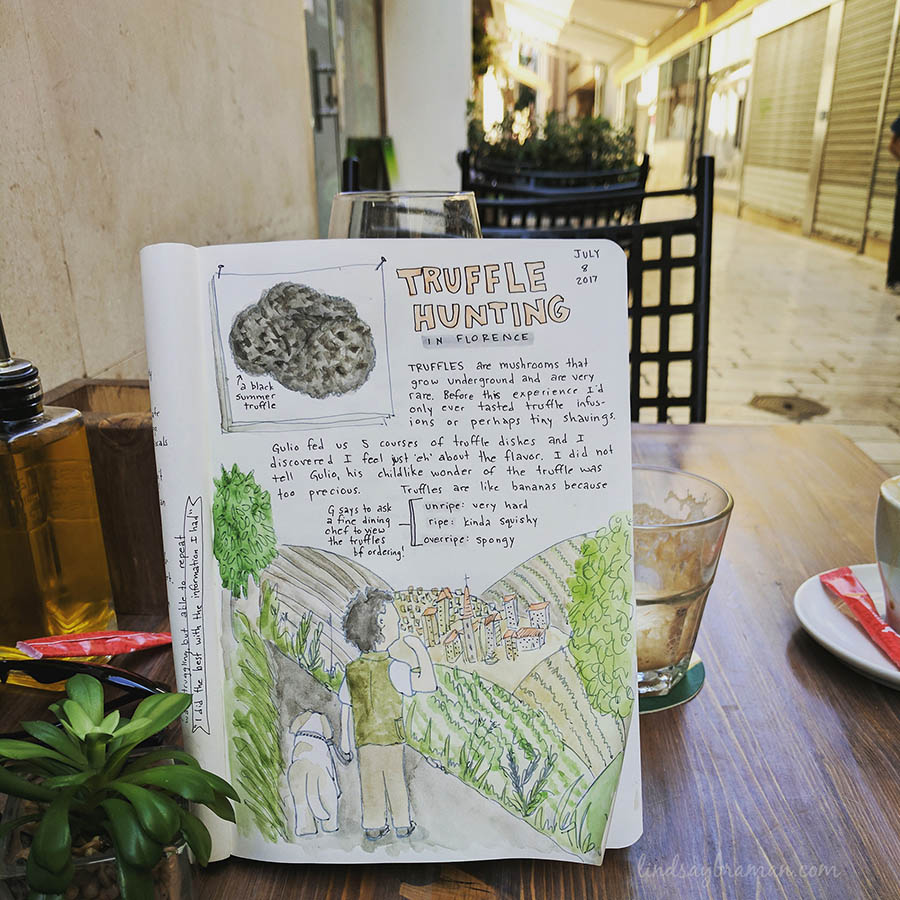 Truffle hunting travel art journal page
