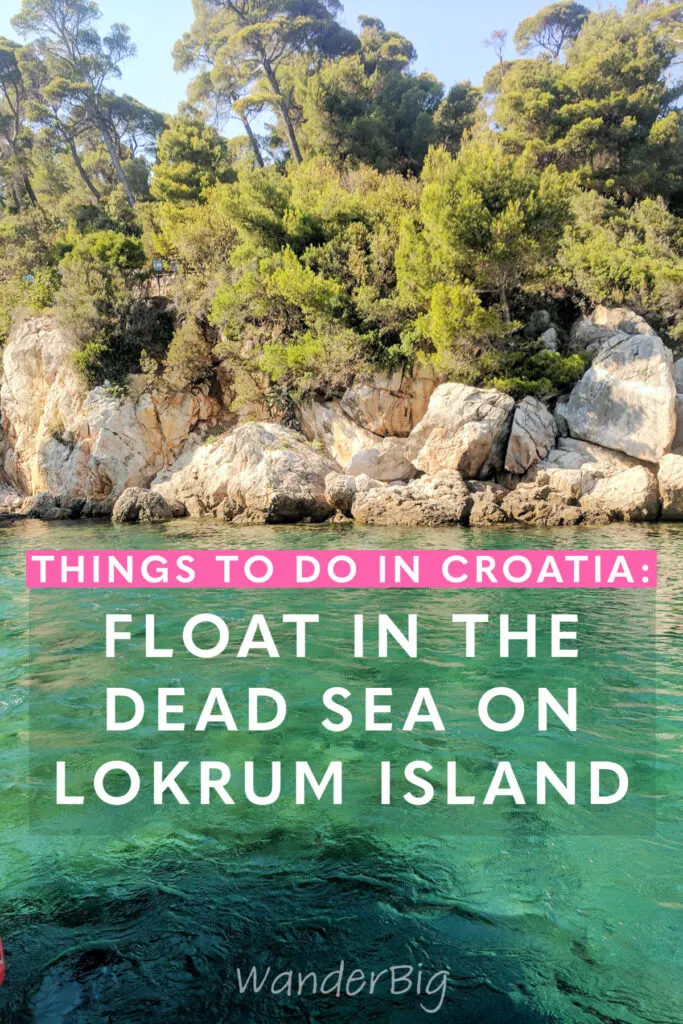 Turquoise green waters of the adriatic sea with craggy rocks and trees.