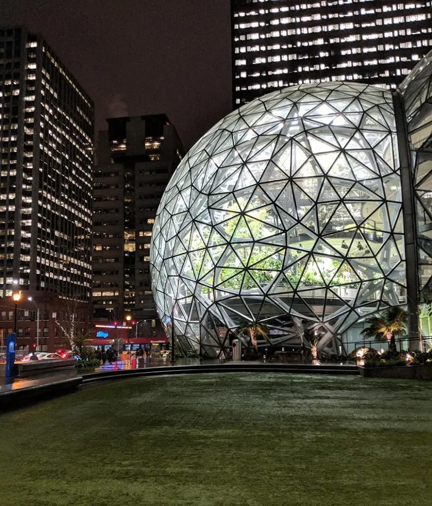 The amazon spheres illuminating south lake union.