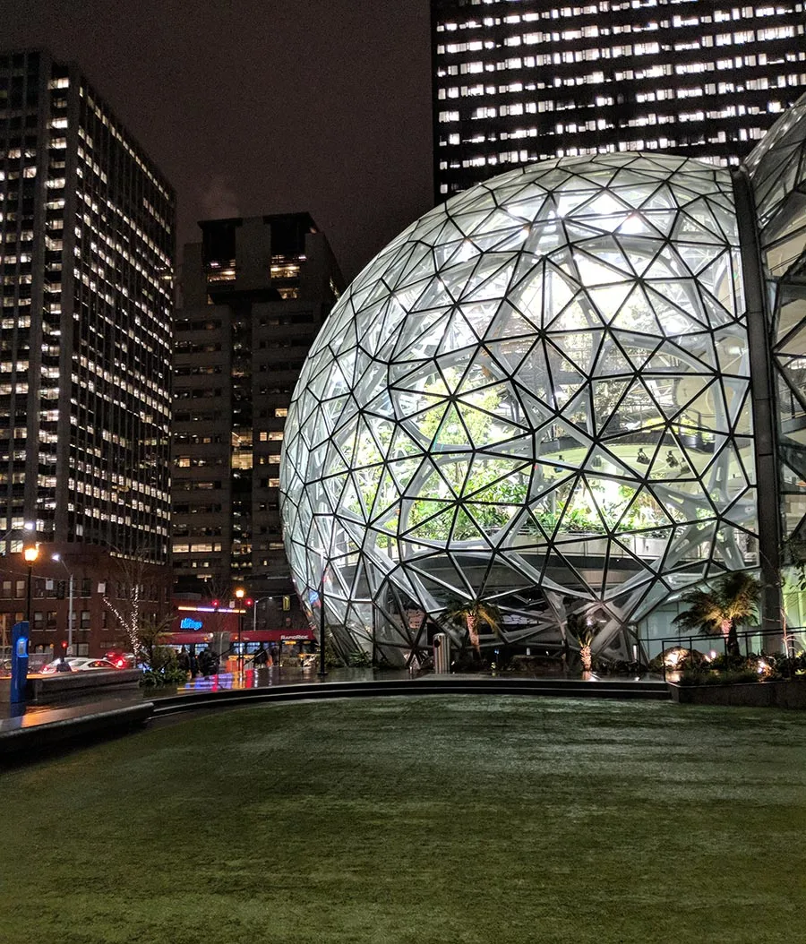 The amazon spheres illuminating south lake union.