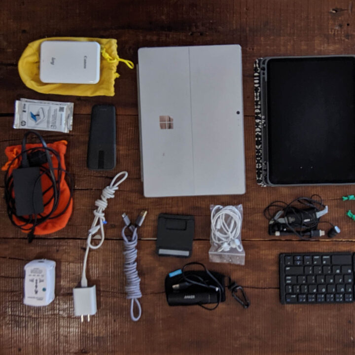 Travel supplies laid out on a table.