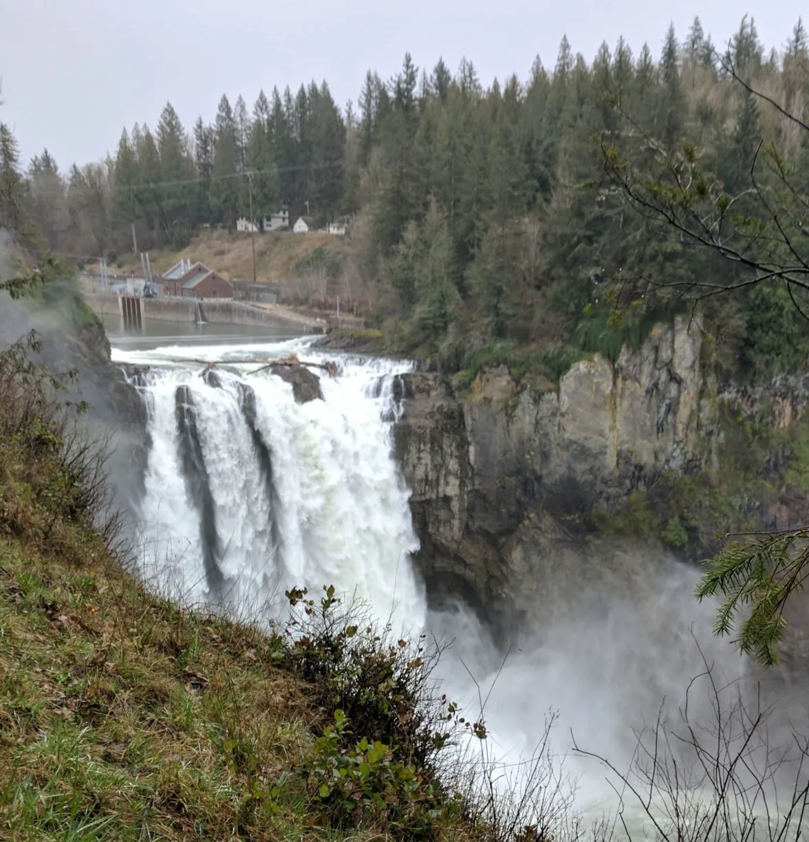 A waterfall near seattle swollen with rain.