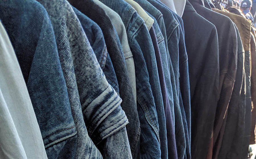 Denim for miles. Old denim and leather jackets are common in many flea markets.