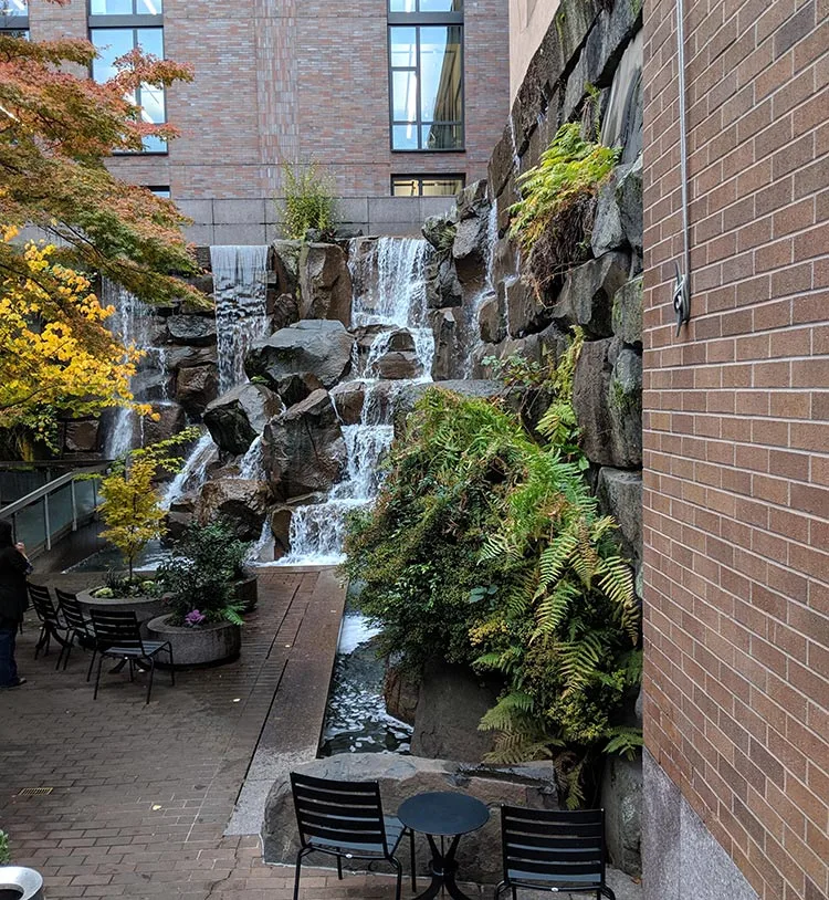 Ups waterfall park as shown from the street in downtown seattle.