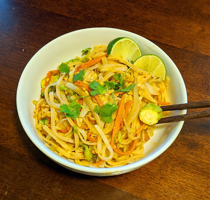 Pad thai recipe adapted for an airbnb kitchen and minimal ingredients