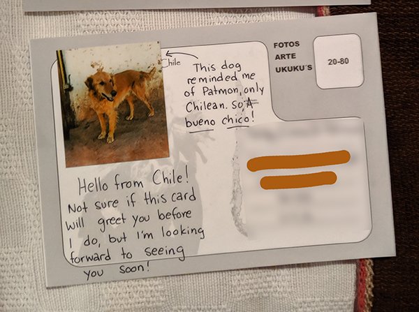 A postcard sent home from travel.