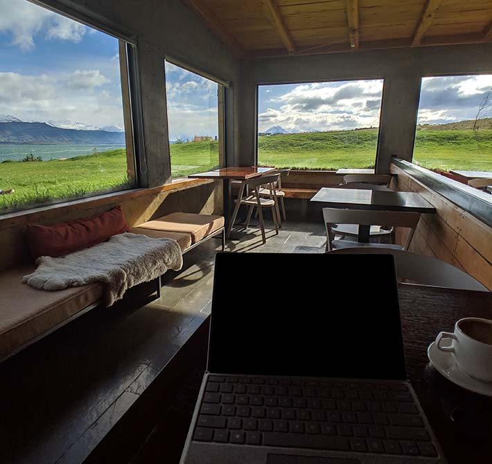 Working from the lobby of the altiplanico hotel in torres del paine national park