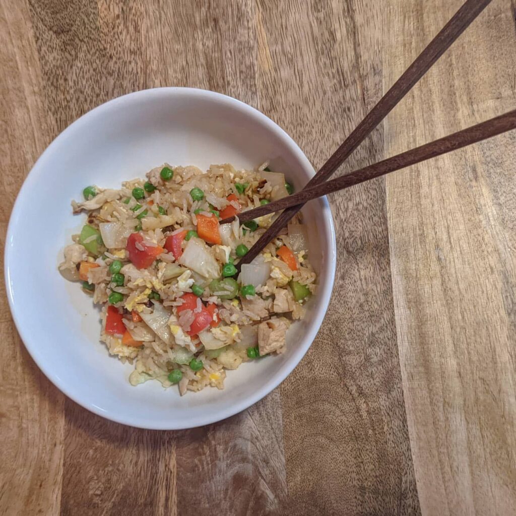 Fried rice can be made with basic ingredients in an airbnb or kitchenette kitchen