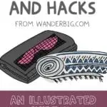 Hand drawn doodles illustrating good hacks for packing for travel. This image shows a packing cube and a rolled towel.