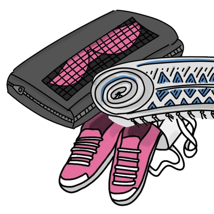 Hand drawn doodles illustrating good hacks for packing for travel. This image shows a packing cube, a rolled towel, and pink shoes.