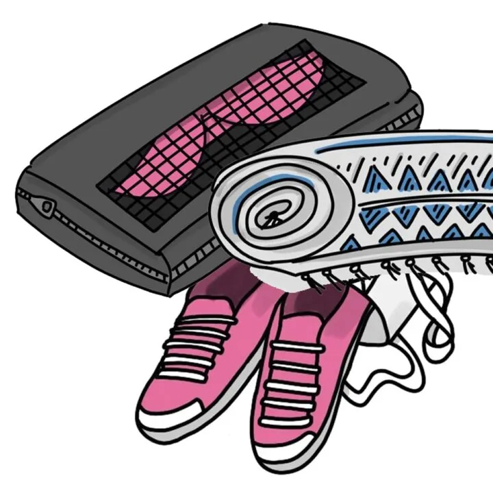 Hand drawn doodles illustrating good hacks for packing for travel. This image shows a packing cube, a rolled towel, and pink shoes.