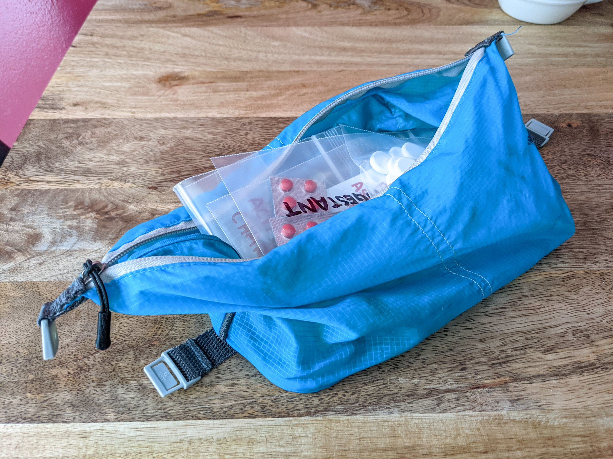 Supplements in a blue bag illustrate how to pack vitamins and supplements for travel.