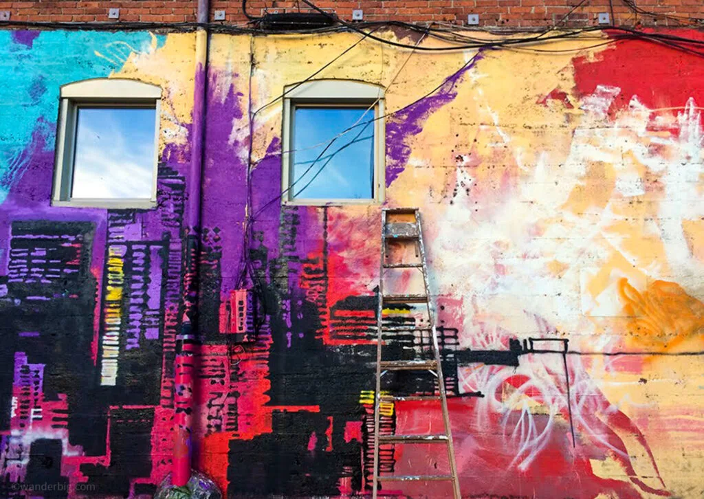 Colorful skyline mural in seattle.
