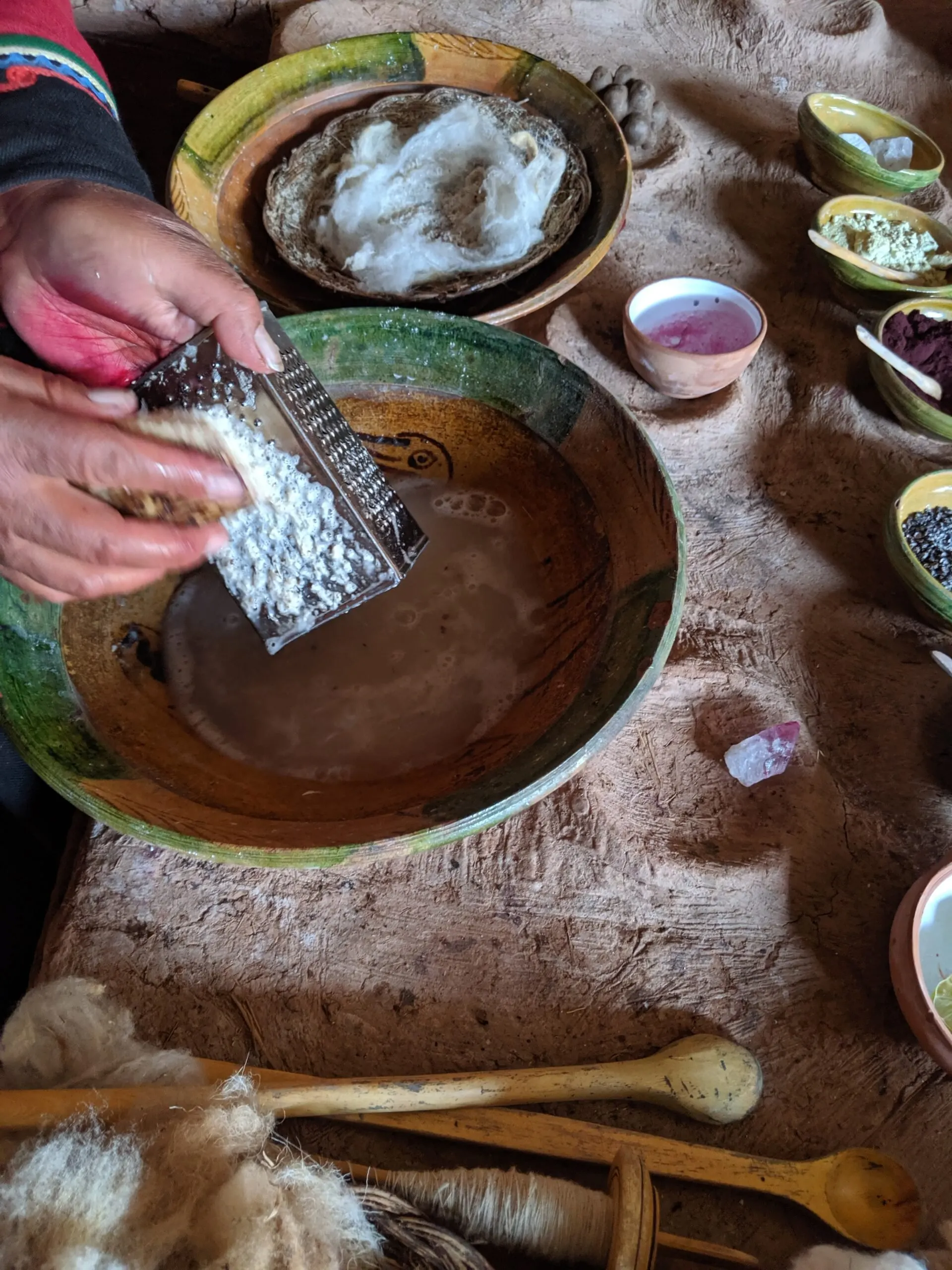 Close-up of a woman's hands demonstrating how a cactus endemic to prove can be grated to make a soap.