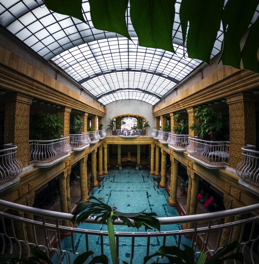 Balconies above a heated pool in budapest.