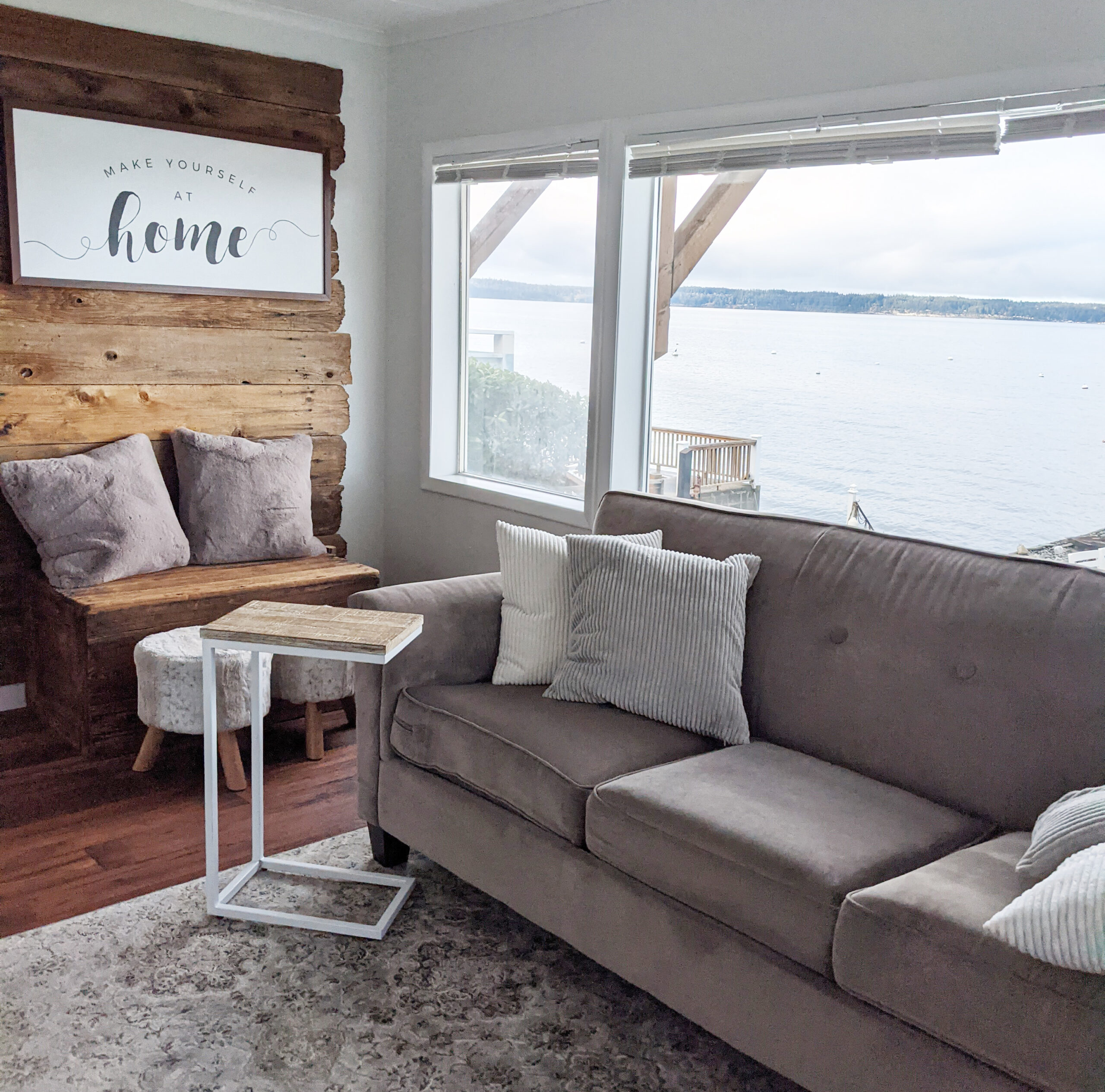 An island airbnb with a cozy sofa.