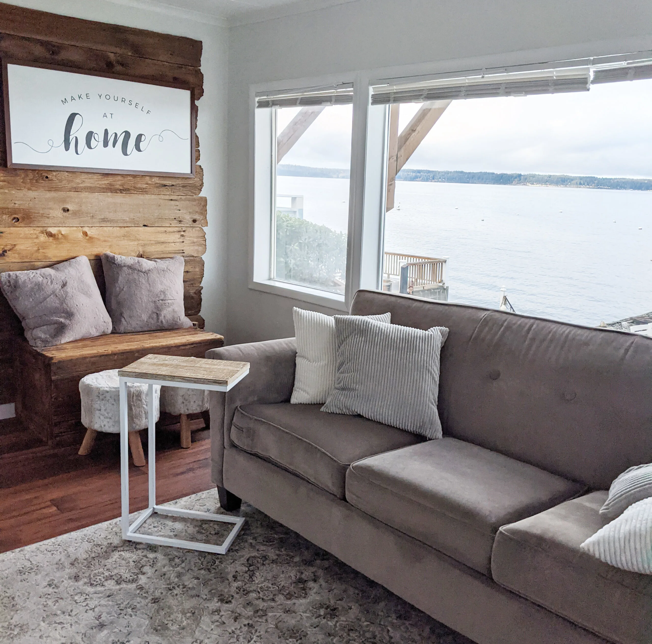 An island airbnb with a cozy sofa.