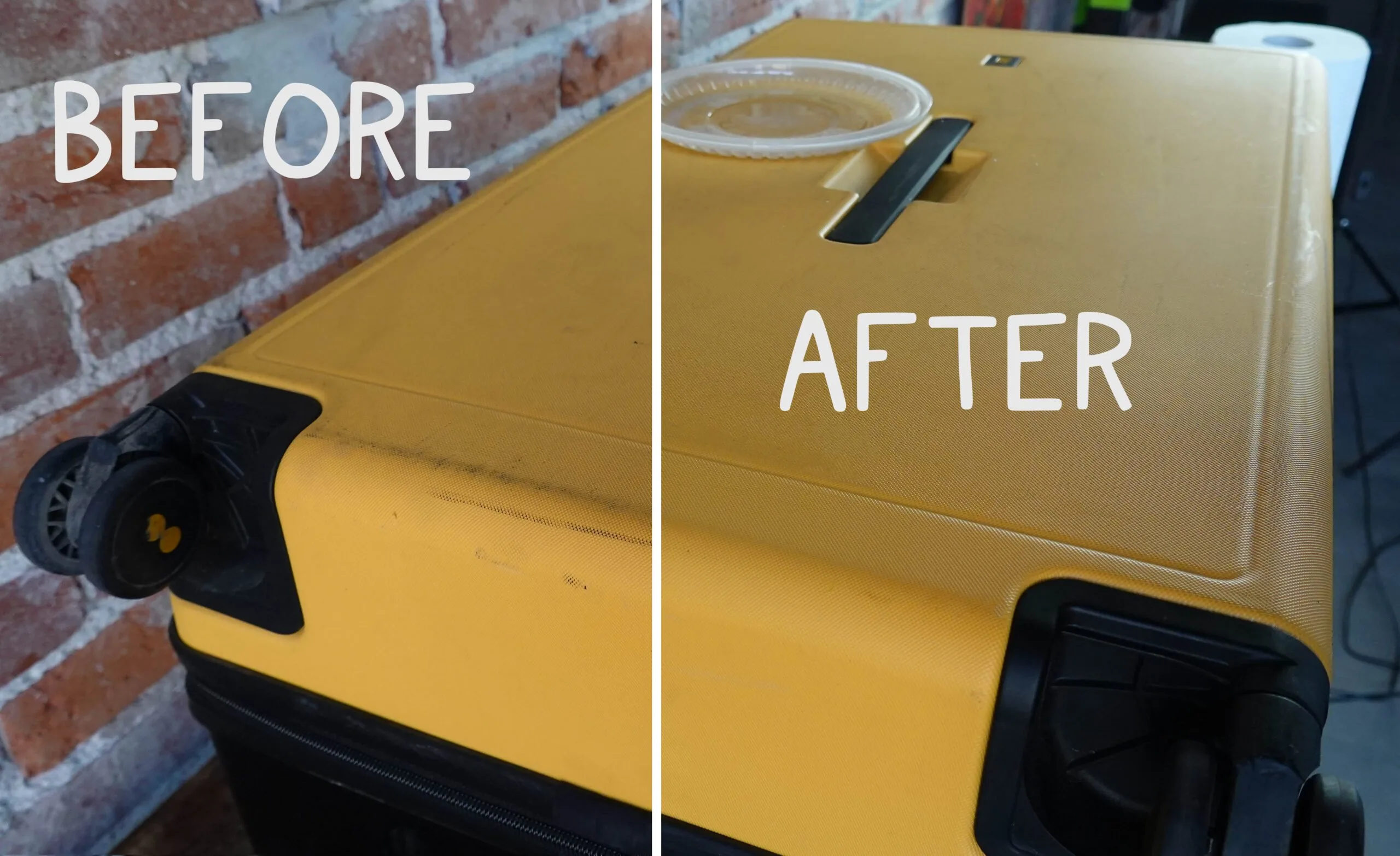 A hard shell suitcase before and after cleaning.
