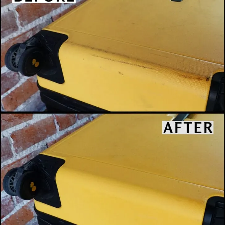 A hard shell suitcase before and after cleaning.