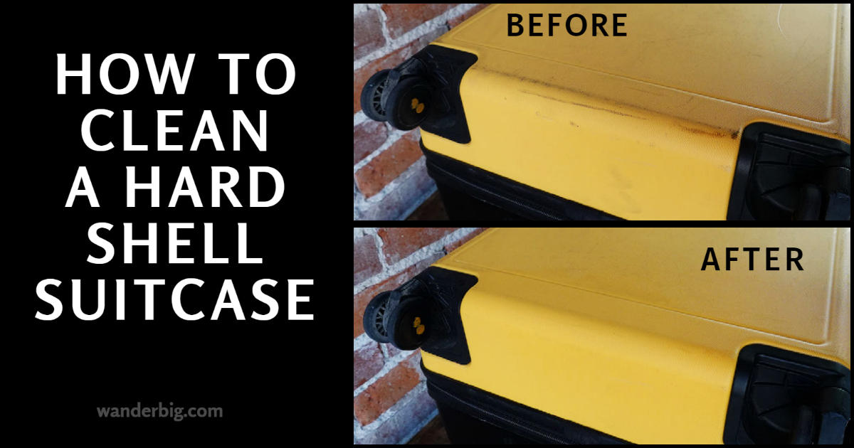 A hard shell suitcase before and after cleaning.