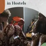 Text says 10 secrets for making friends in hostels with an image of two travelers in conversation.