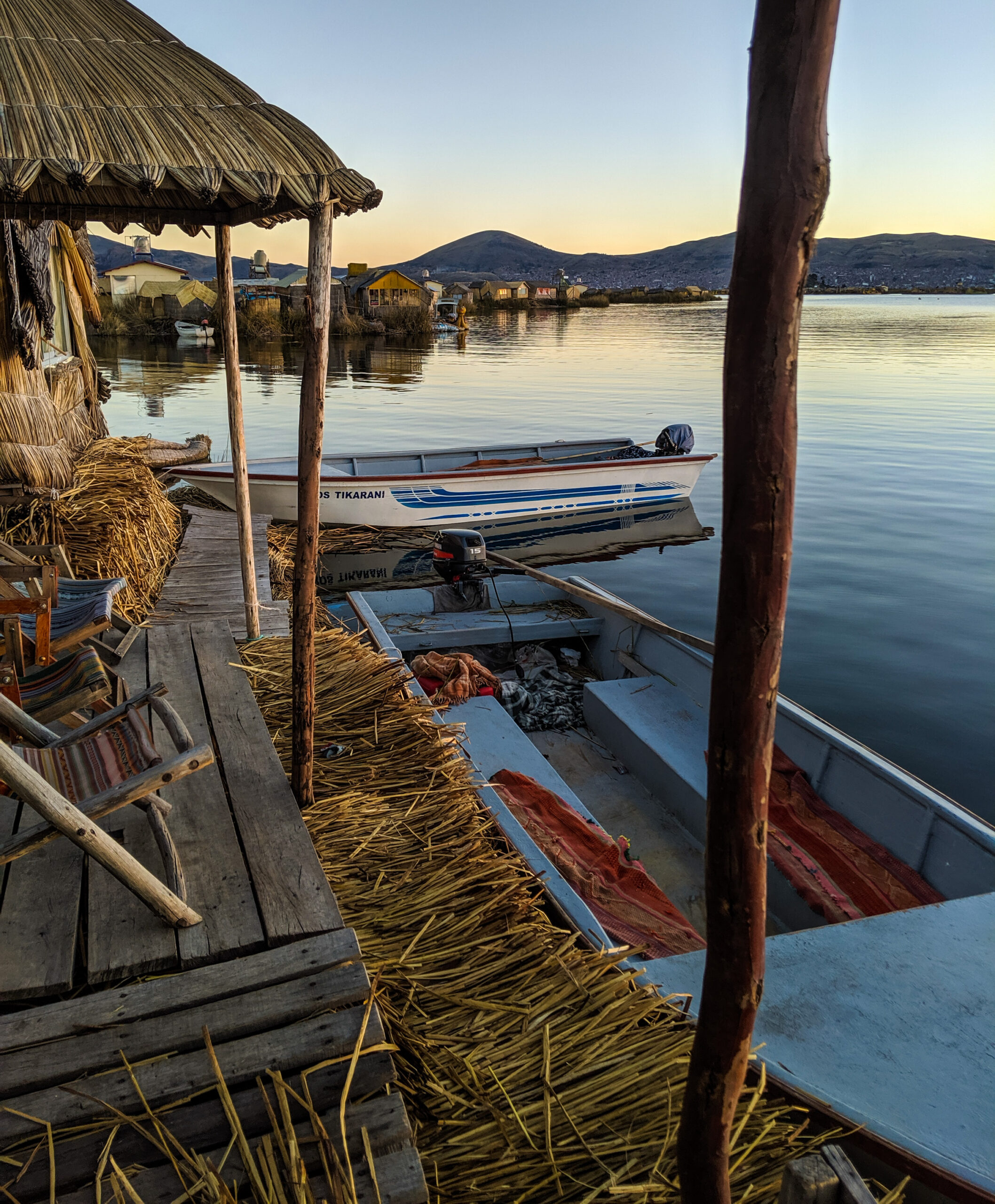 Sunset on a floating island in the uros village.