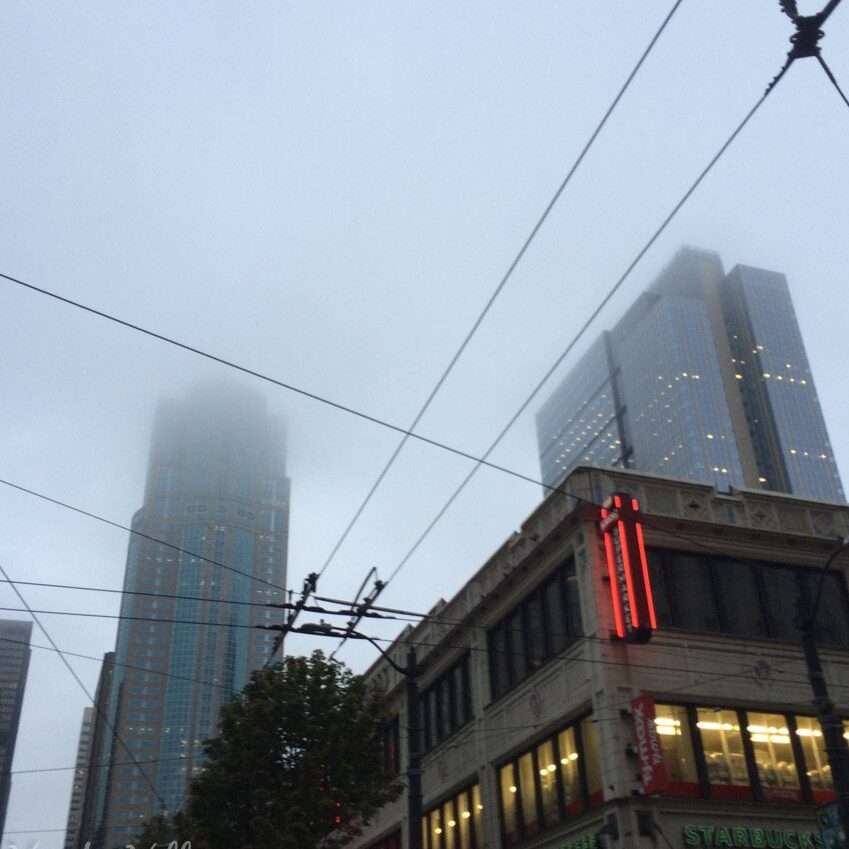 Seattle skyskrapers downtown hidden in a rainy fog