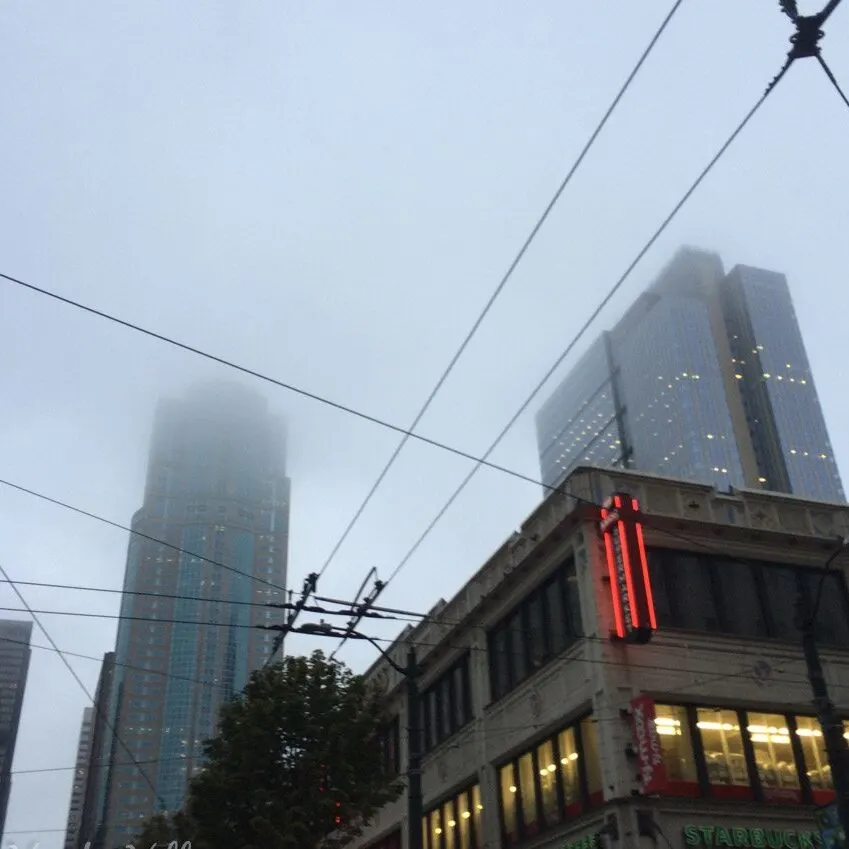 Seattle skyskrapers downtown hidden in a rainy fog