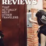How to write great airbnb reviews texts over an image of two women ringing a doorbell.
