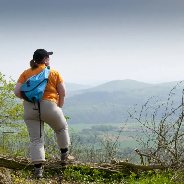 A plus size traveler in an orange shirt at an overlook.