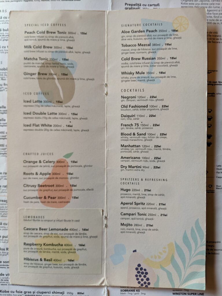 A restaurant menu in romania.