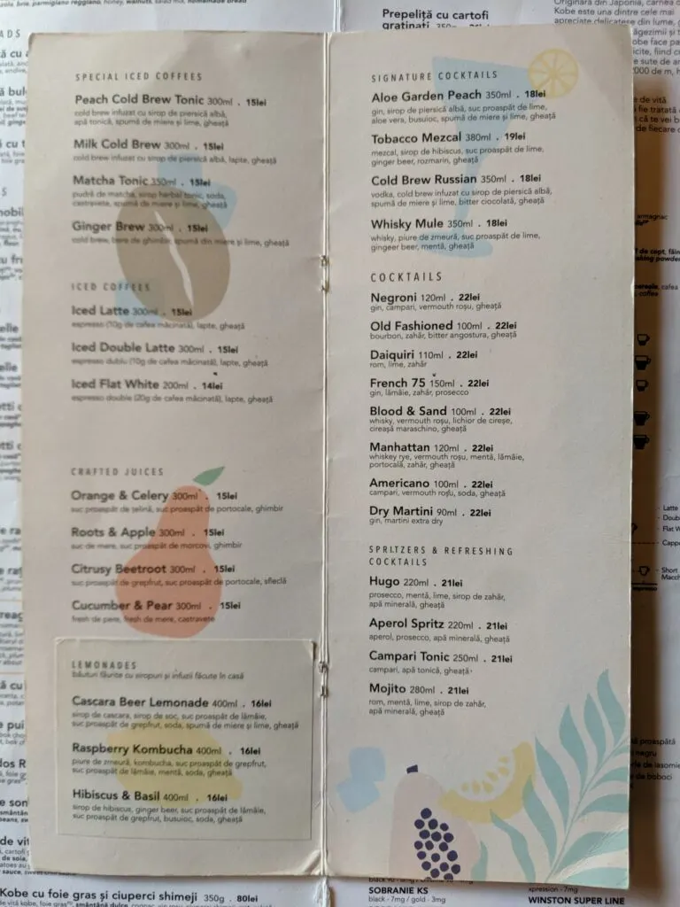 A restaurant menu in romania.