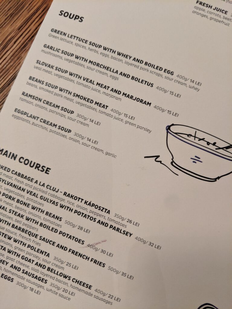 A restaurant menu in romania.