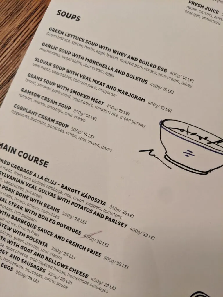 A restaurant menu in romania.