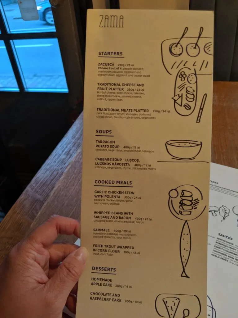 A restaurant menu in romania.
