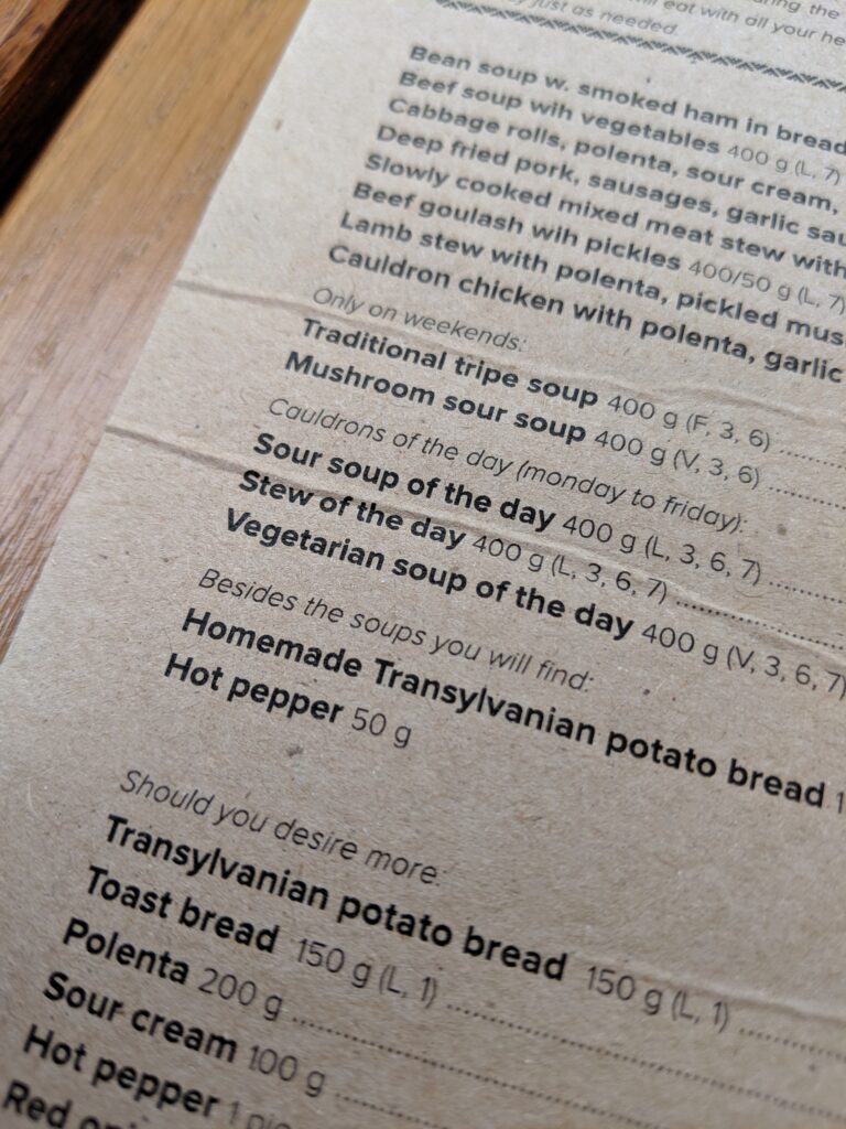 A restaurant menu in romania.