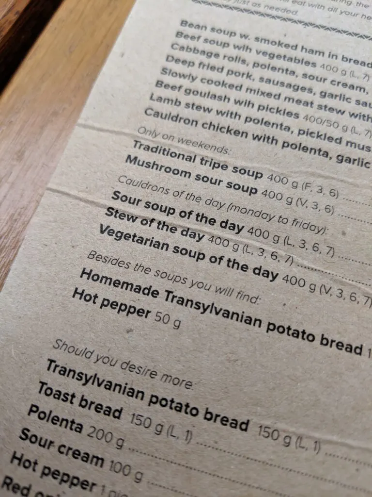 A restaurant menu in romania.