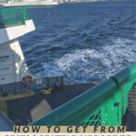 Image of a ferry leaving seattle with the text how to get from seatac seattle airport to bainbridge island without a car.