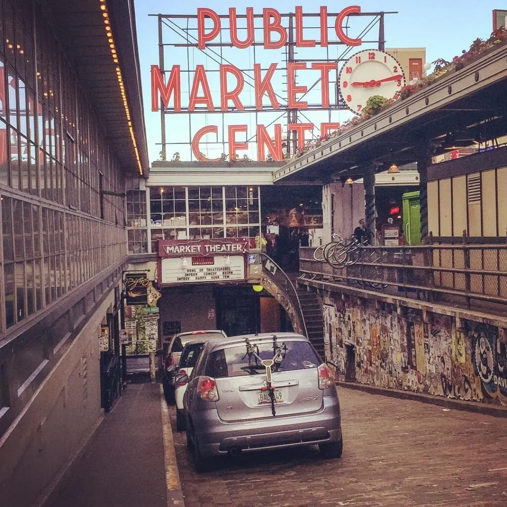 A street leading to ghost alley and the gum wall in pike place neighborhood of seattle.