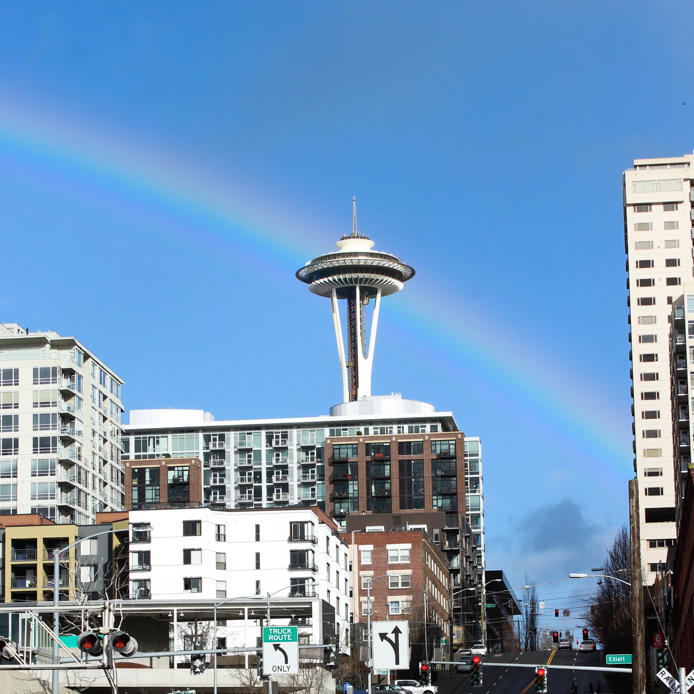 A rainbow behind the space needle as seen from the waterfront in seattle right after my move to seattle.