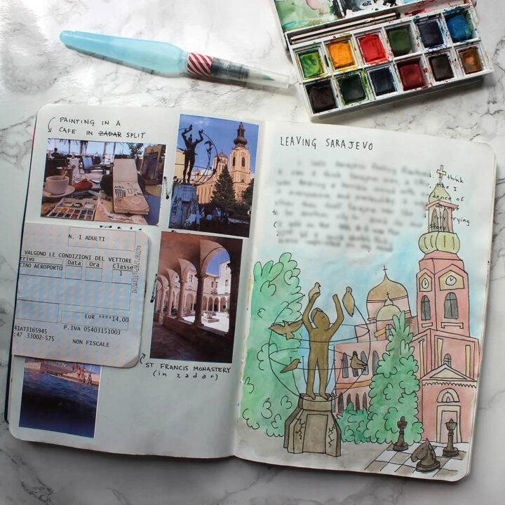 I learned how to make a travel scrapbook by trial and error, this sample layout shows writing, art, photos, and ticket stubs from Sarajevo, Bosnia.