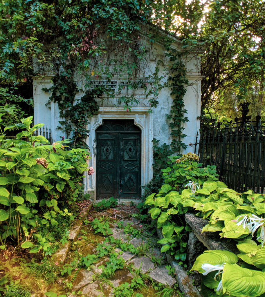 A crypt surrounded by hostas in cluj-napoca.
